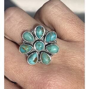 Sterling Silver NATIVE Style Turquoise Cluster Ring Southwest Flower Fits 5.5-8